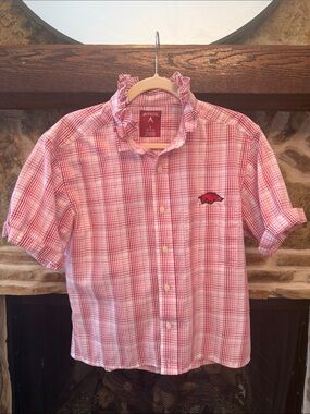 Upcycled Antigua Men's Pink & Red Plaid Short-Sleeve Button-Down Shirt